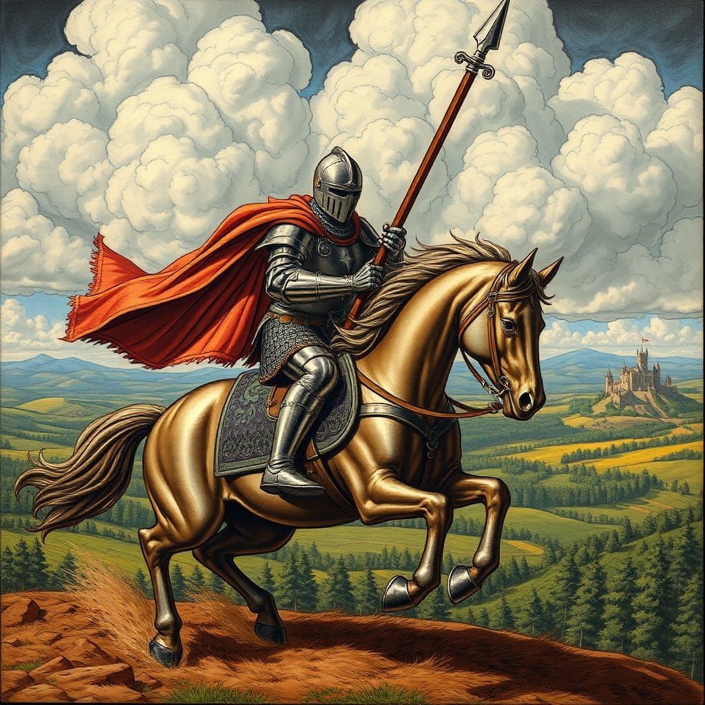 Knight in Shining Armor Jousting on Horseback