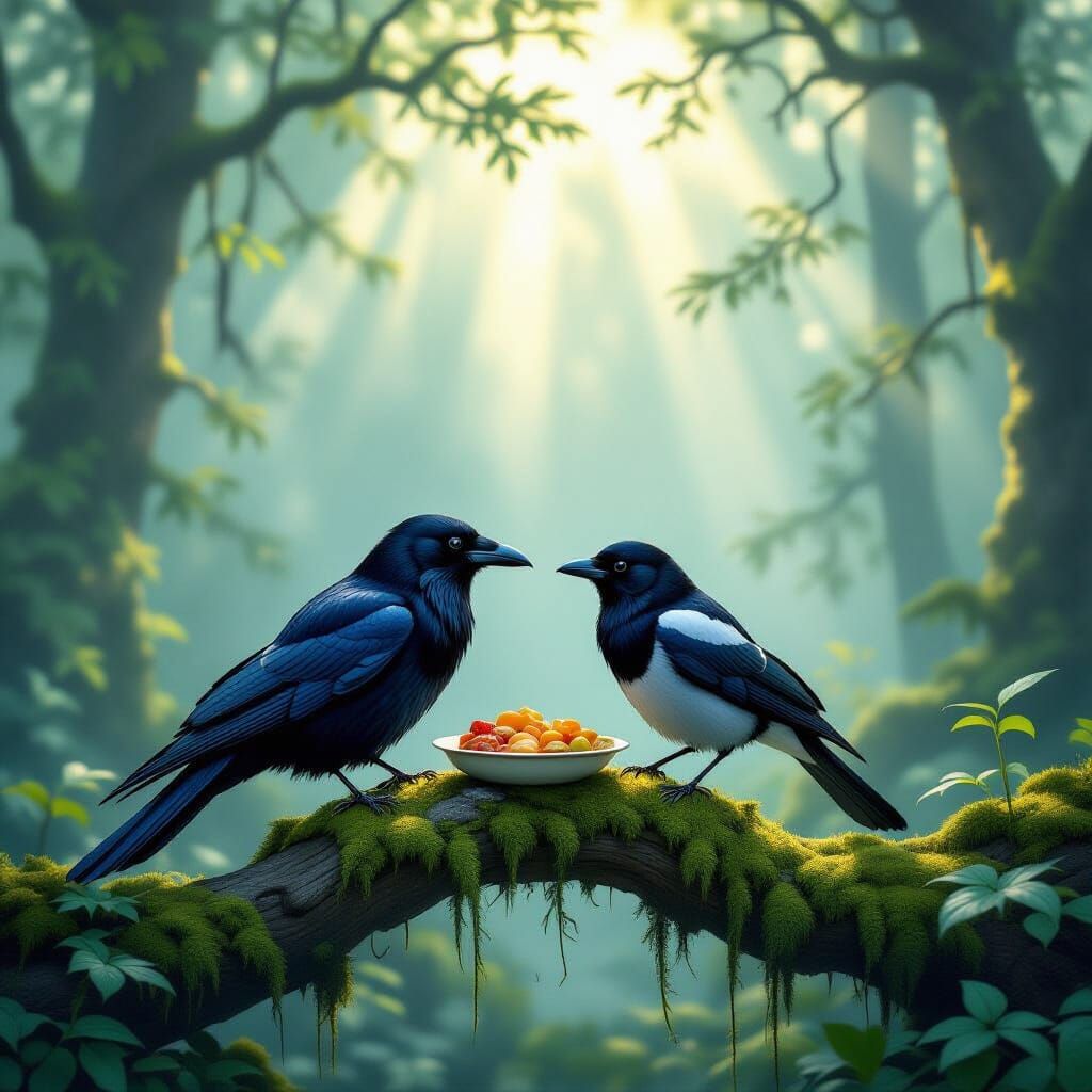 Raven and Magpie Share Meal in Ethereal Misty Forest