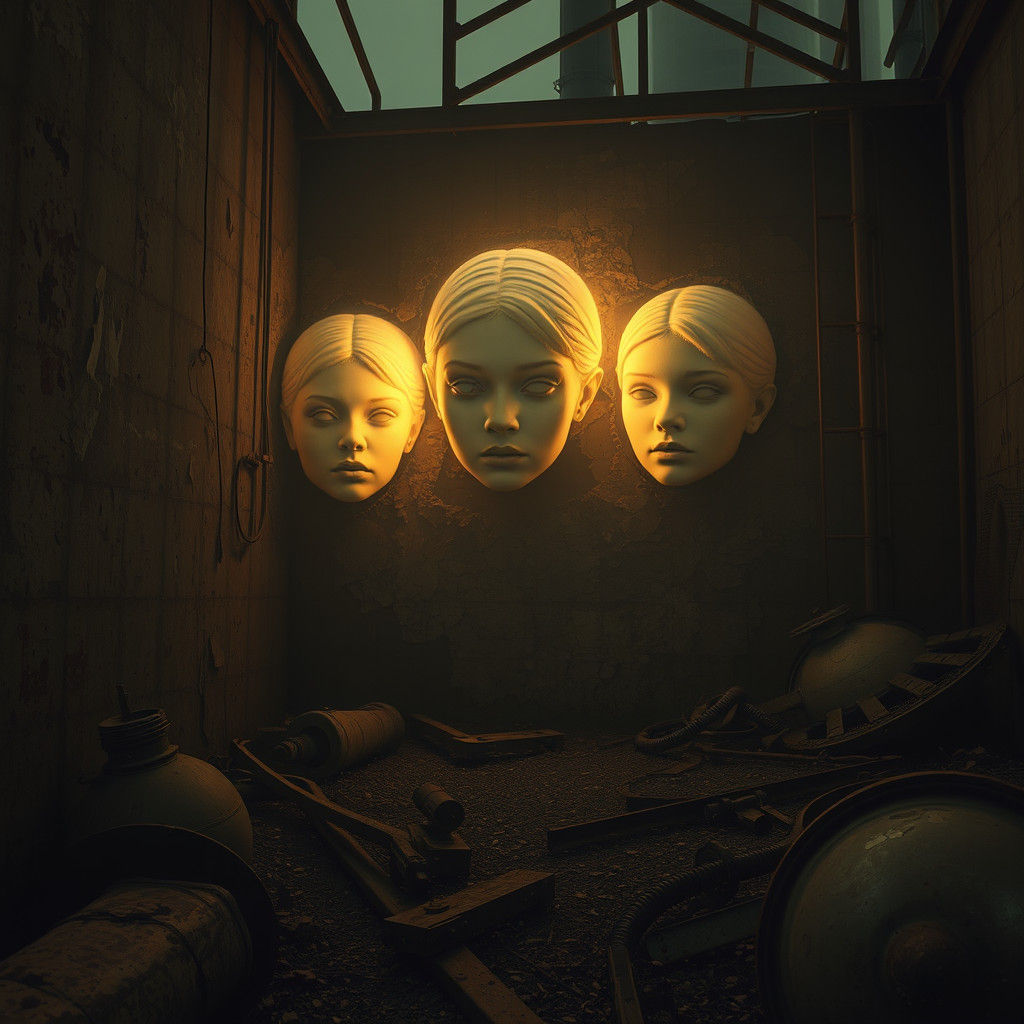 Ethereal Faces Emerge from Industrial Decay in Surreal Style