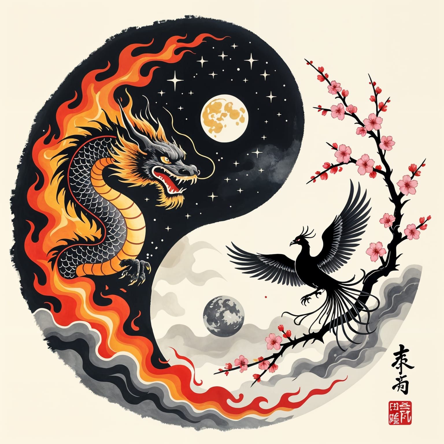 Yin-Yang in Sumi-e Ink Painting Style