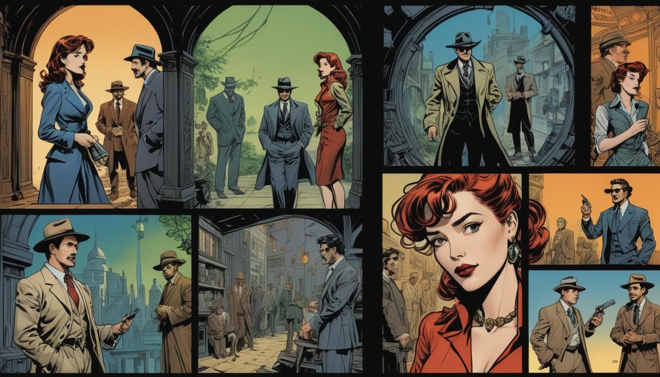 1940s Detectives Explore Ancient Temple: Comic Book Art