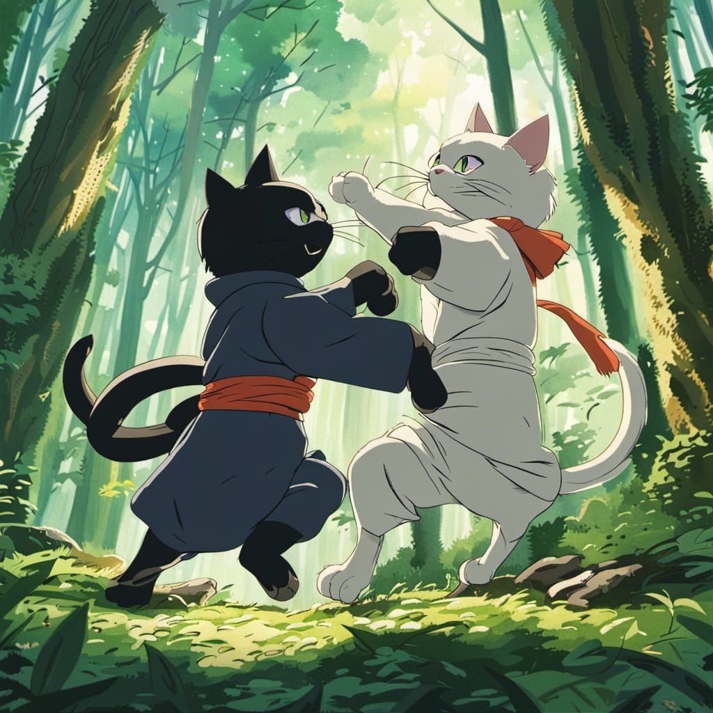 Ninja Cats Fight in Japanese Forest: Anime Style