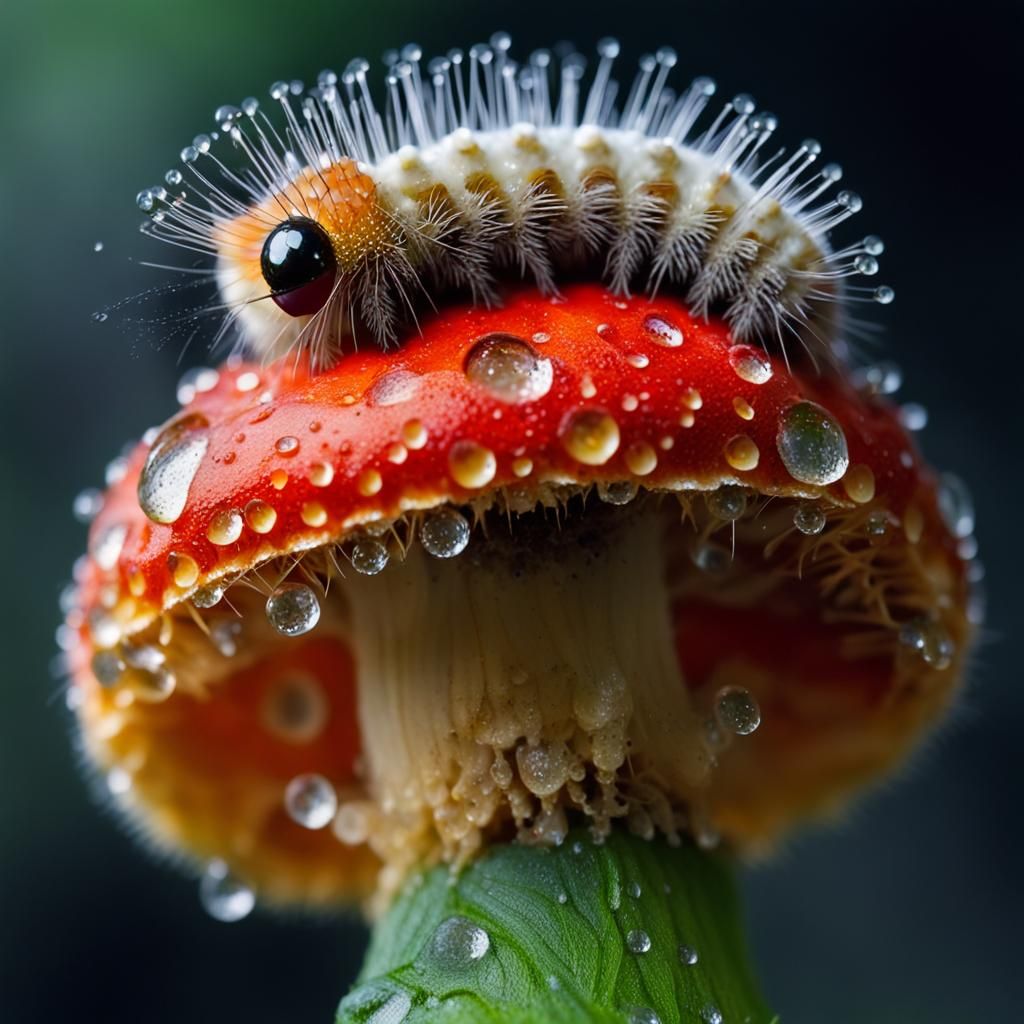 Caterpillar on Mushroom: Super Macro Photograph