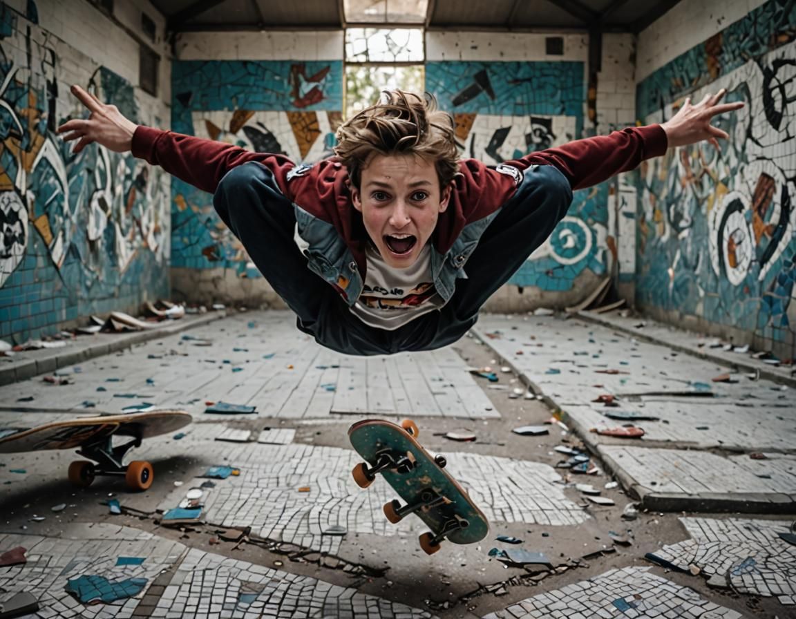 Boy Falls From Skateboard in Empty Pool