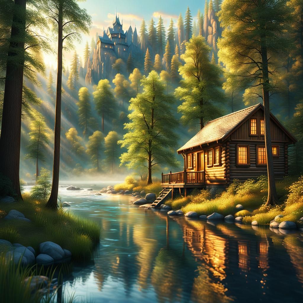 Cozy Cabin in Woods by River: Matte Painting