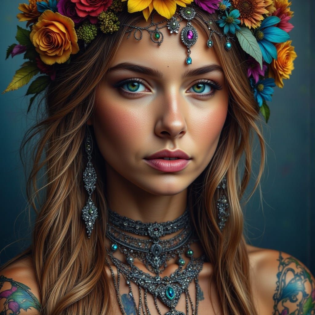 Beautiful Bohemian Woman Portrait in Hyperrealistic Style