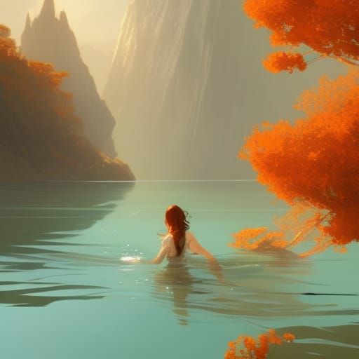 Woman Swimming in Lake, Detailed Concept Art