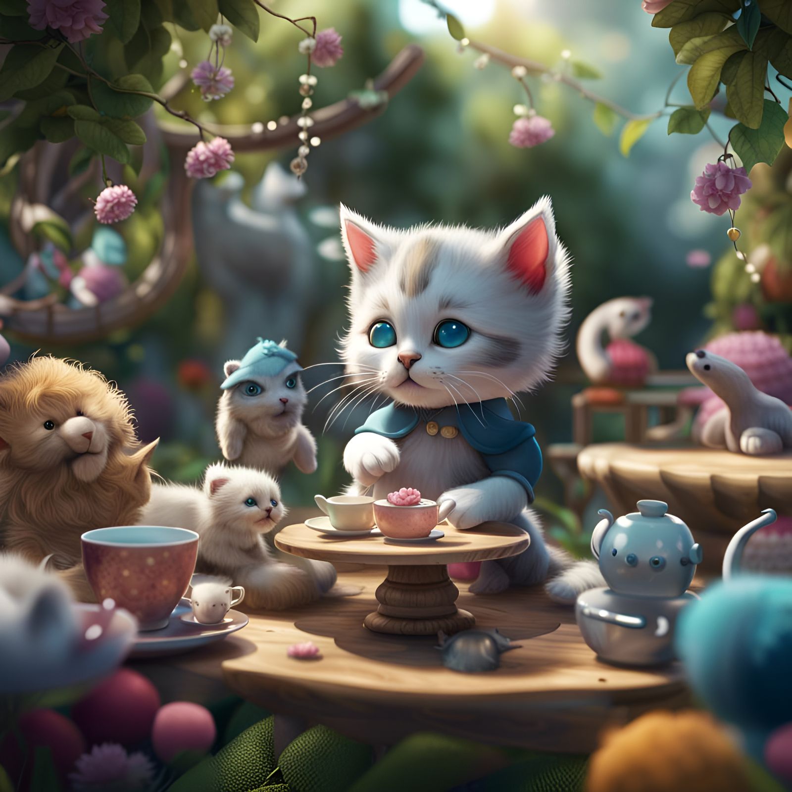 Kitten's Whimsical Tea Party in a Fantasy Garden