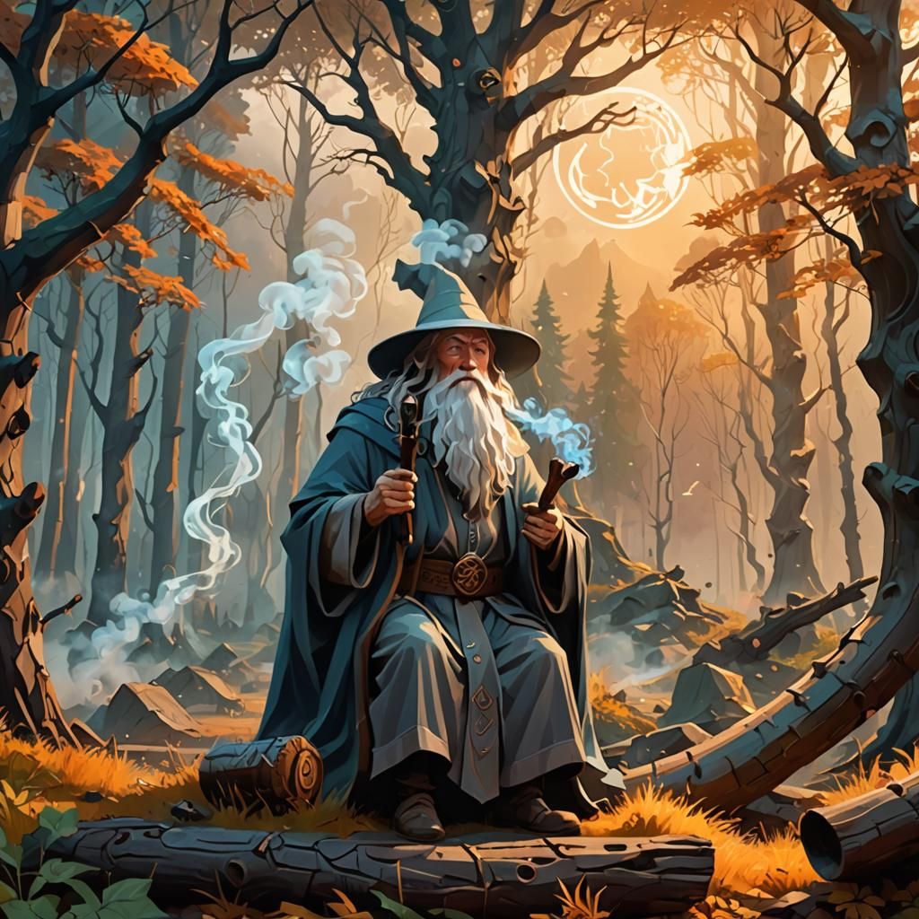 Gandalf Smoking Pipe in Mystical Forest: Low-Poly Art