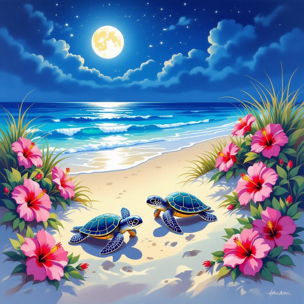 Baby Sea Turtles Crawl to Moonlit Sea in Airbrush Style