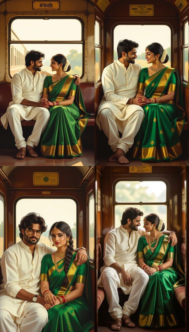 Romantic Indian Couple in Vintage Train Compartment Illustra...