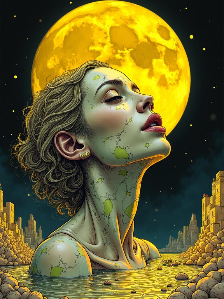 Psychedelic Portrait: Woman Under Yellow Moon