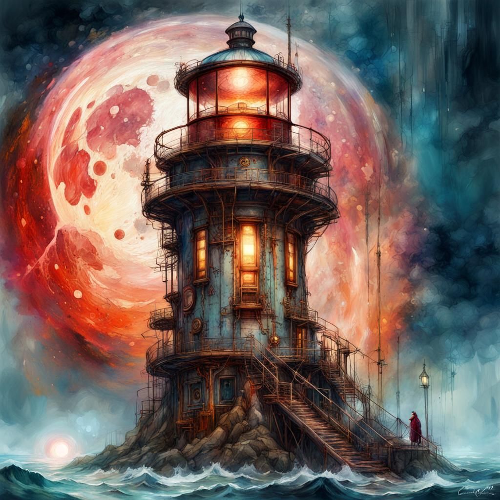 Cosmic Bloodmoon Lighthouse with Steampunk Elements