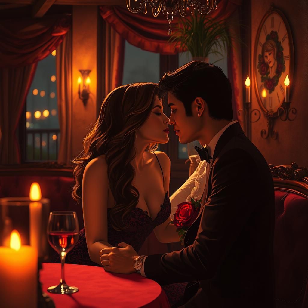 Romantic Dinner Kiss in Art Nouveau Style