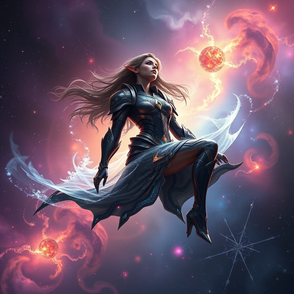 Ethereal Half-Elf Armorer in Vibrant Nebula - Cyberpunk Fant...