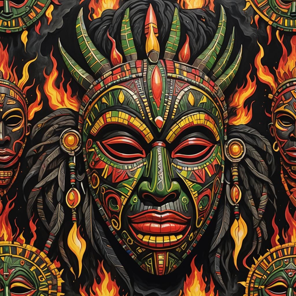 African Tribal Mask of Evil, Matte Painting Style