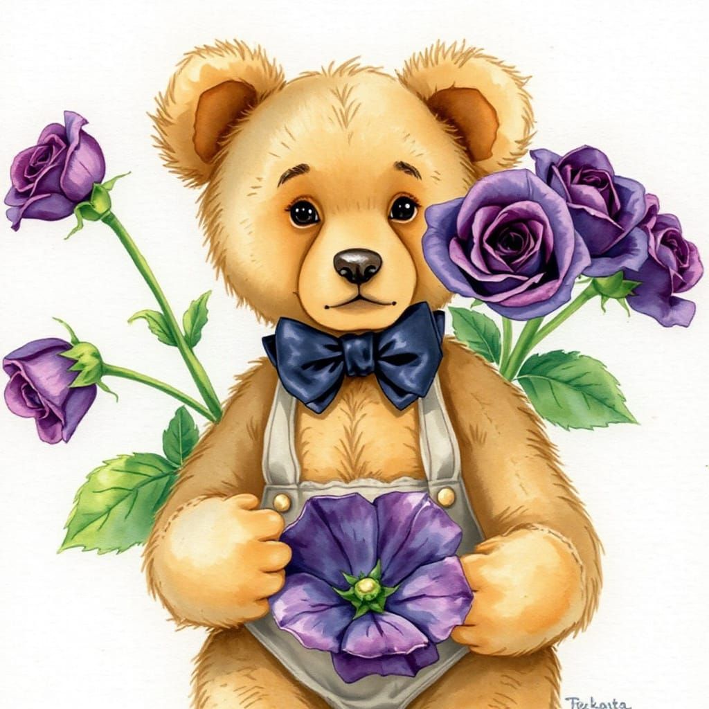 A tatty teddy bear wearing a faded purple bow tie and holding a bouquet of vibrant purple roses