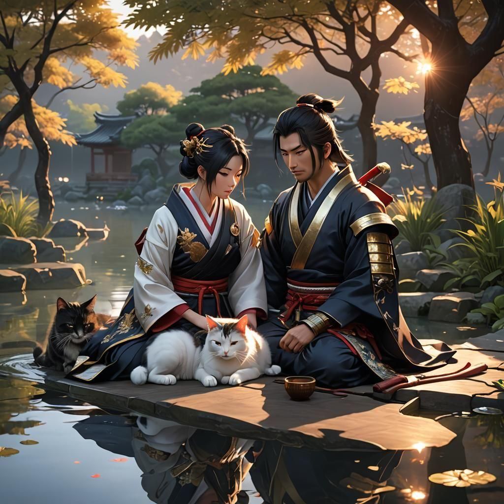 Happy Samurai Couple Sunrise Reflection Anime Art