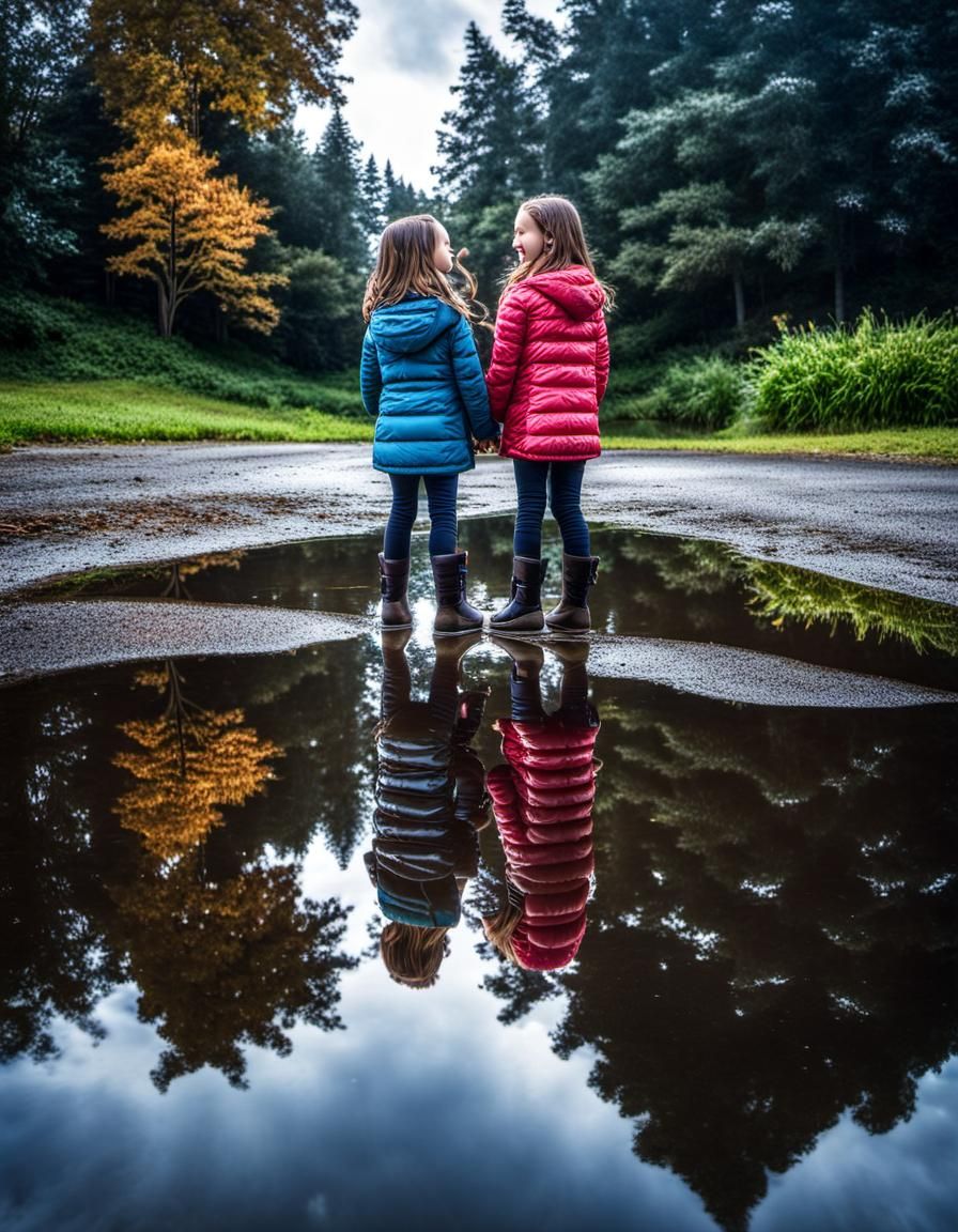 two girls are playing in a huge puddle of water looking at t...