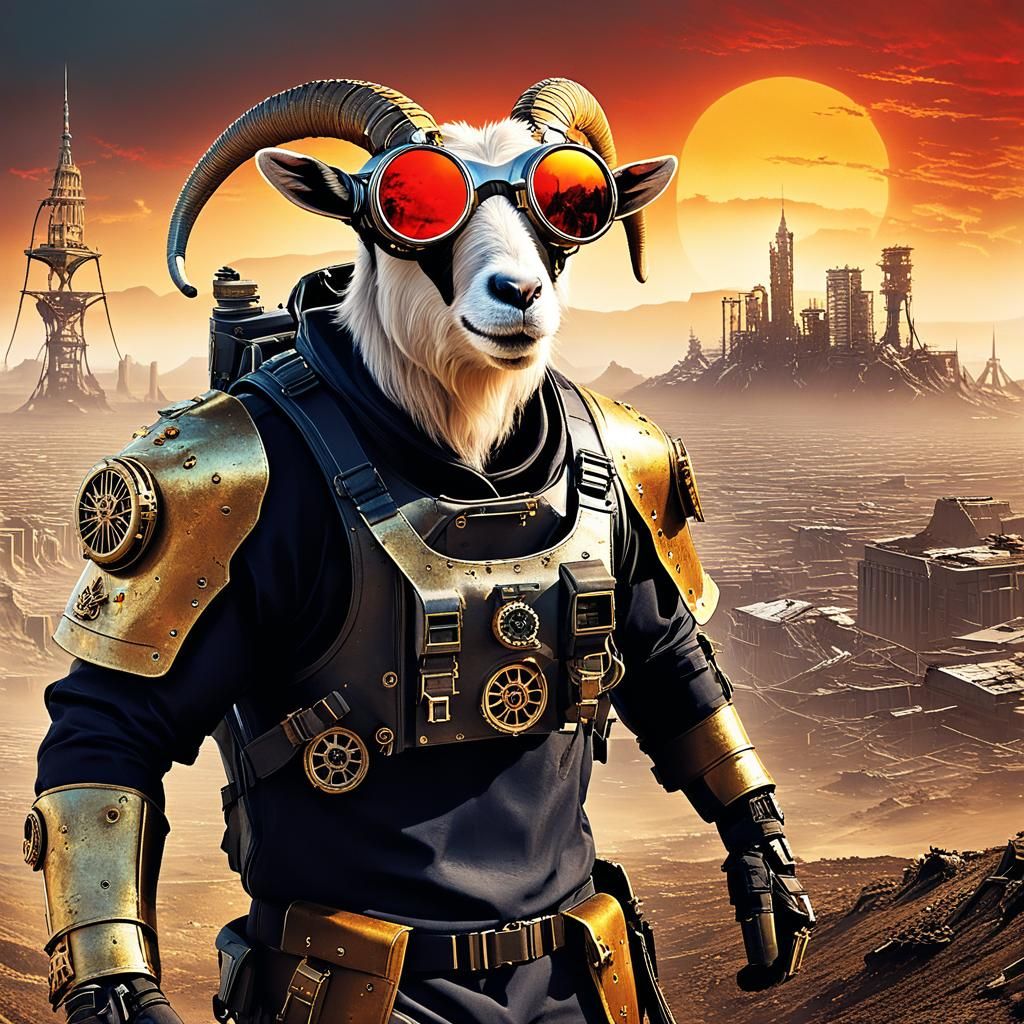 Goat Navigating Doomsday Wasteland with Goggles