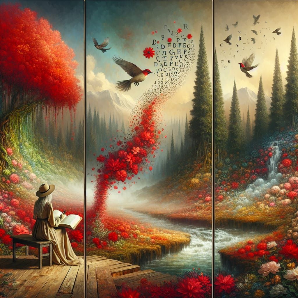 A triptych-style landscape of an open book from which rivers...