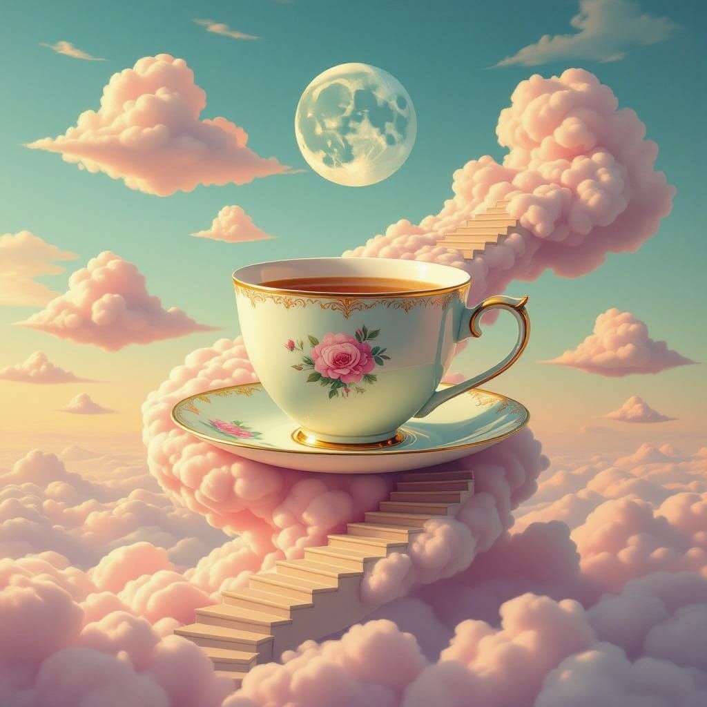 Surreal Dreamscape Teacup Ascends to the Moon
