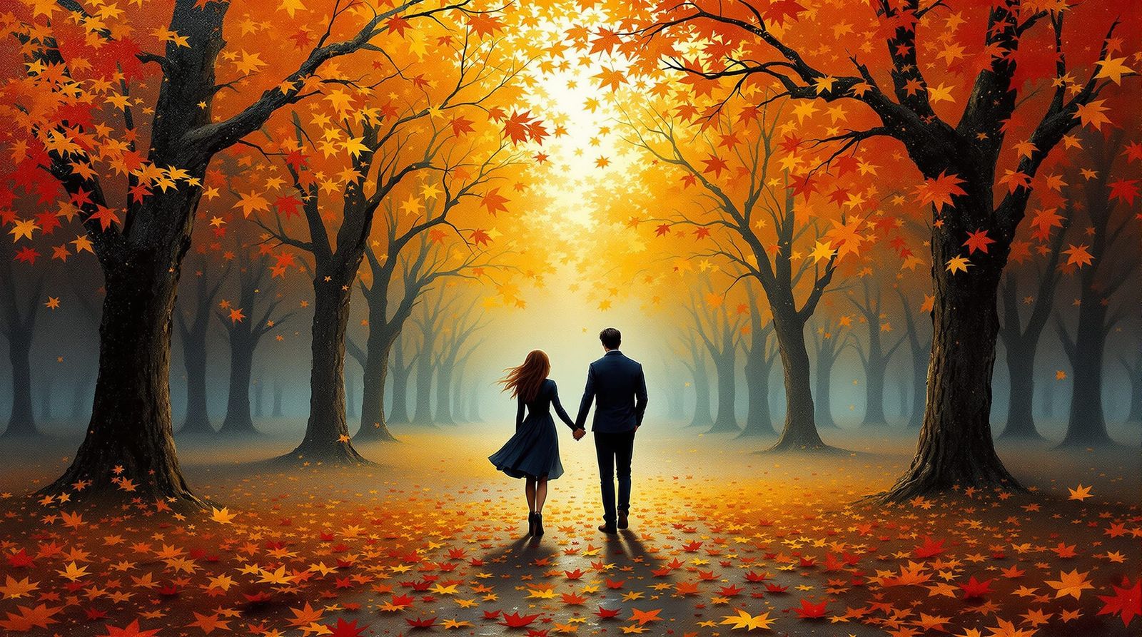 Surrealist Couple Holding Hands in Autumn Park