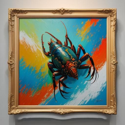 Lobster on Museum Wall as Impasto Oil Painting