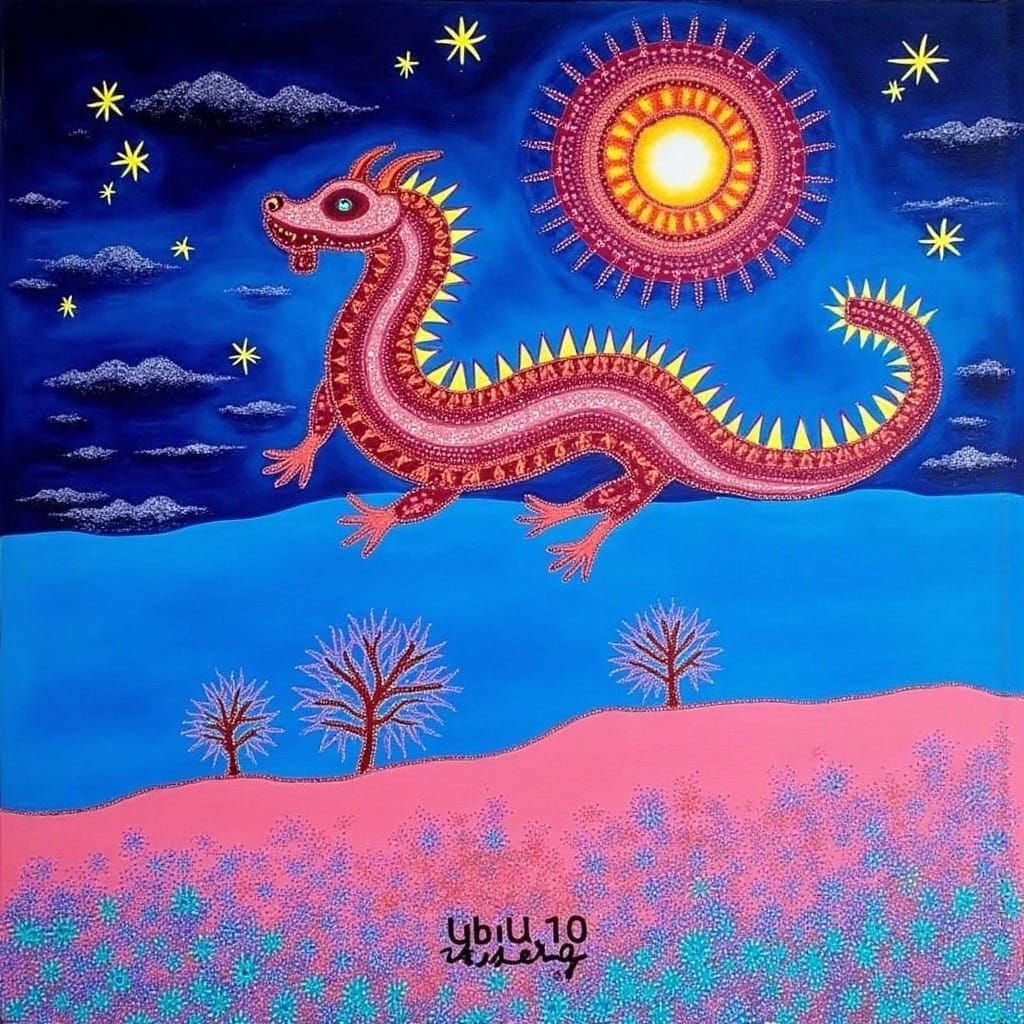 Surreal Aboriginal Dreamtime Landscape Painting in Vibrant S...