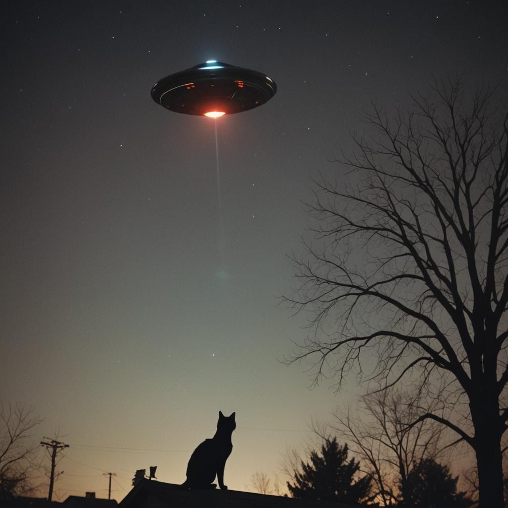 Black Cat Watches a UFO: Cinematic Film Still