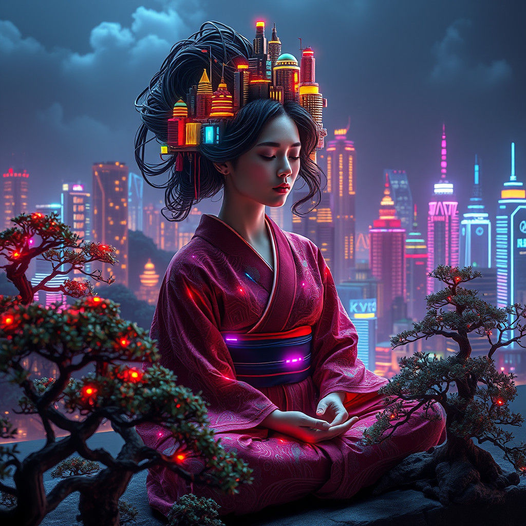 Serene Cyberpunk Goddess in Zen Garden of Neon Skyscrapers
