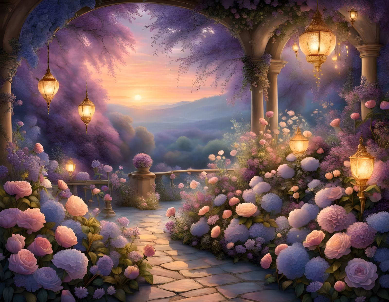 Blue, lilac and pink flowers