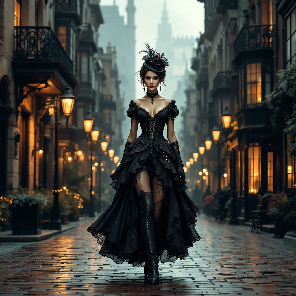 Steampunk Lady Strolls Victorian City Streets