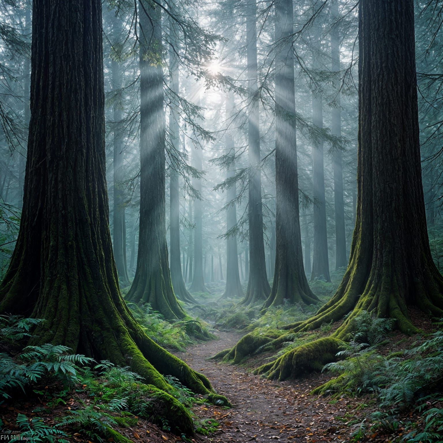 Sunlight Through Foggy Forest Mist