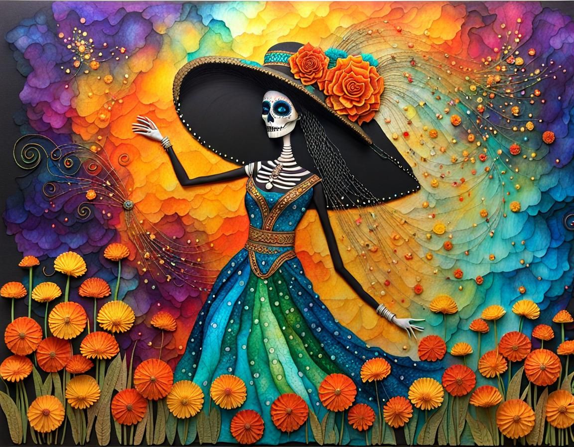 Catrina Celebration with Marigolds in Alcohol Ink Style