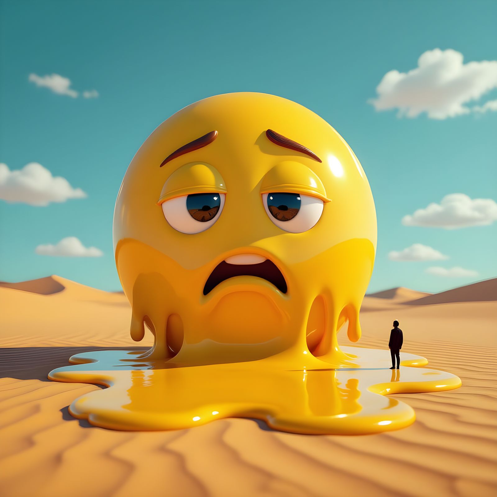 Melting Emoji Face in Desert Landscape
