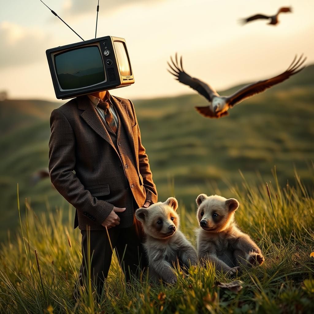 Television Head Portrait with Bear Cubs