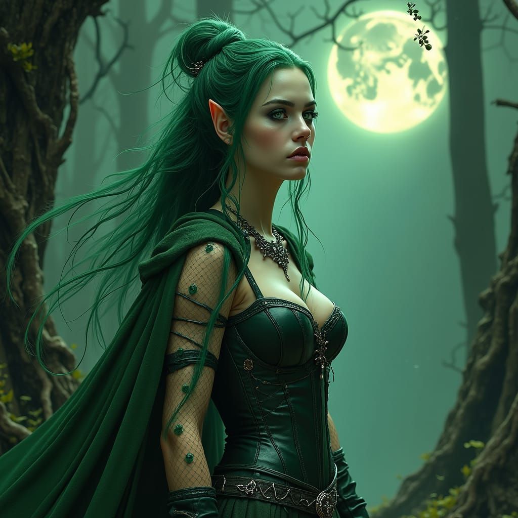 Ethereal Punk Elven Sorceress in Mystical Forest
