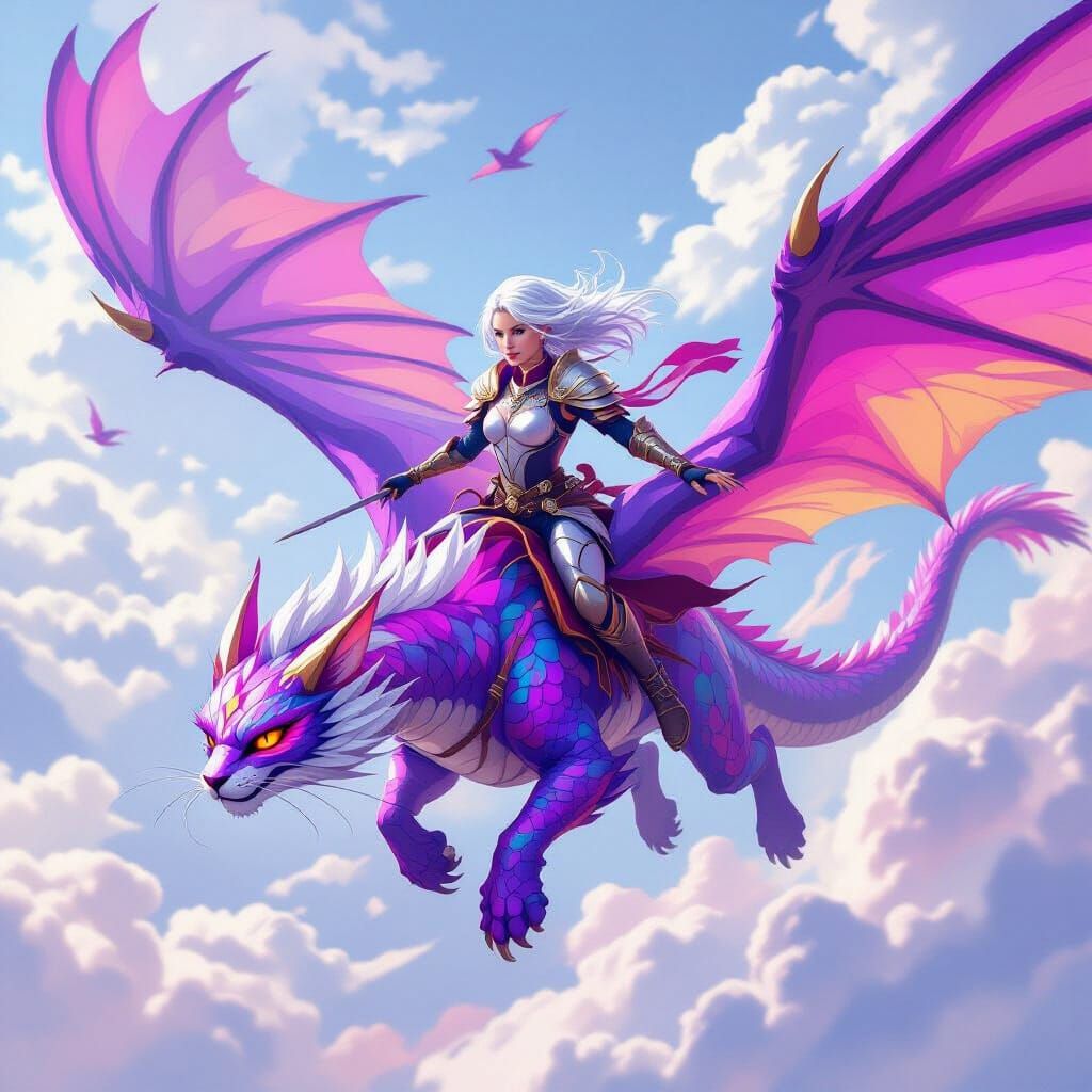 Warrior Soaring on Iridescent Dragon in Digital Art Style