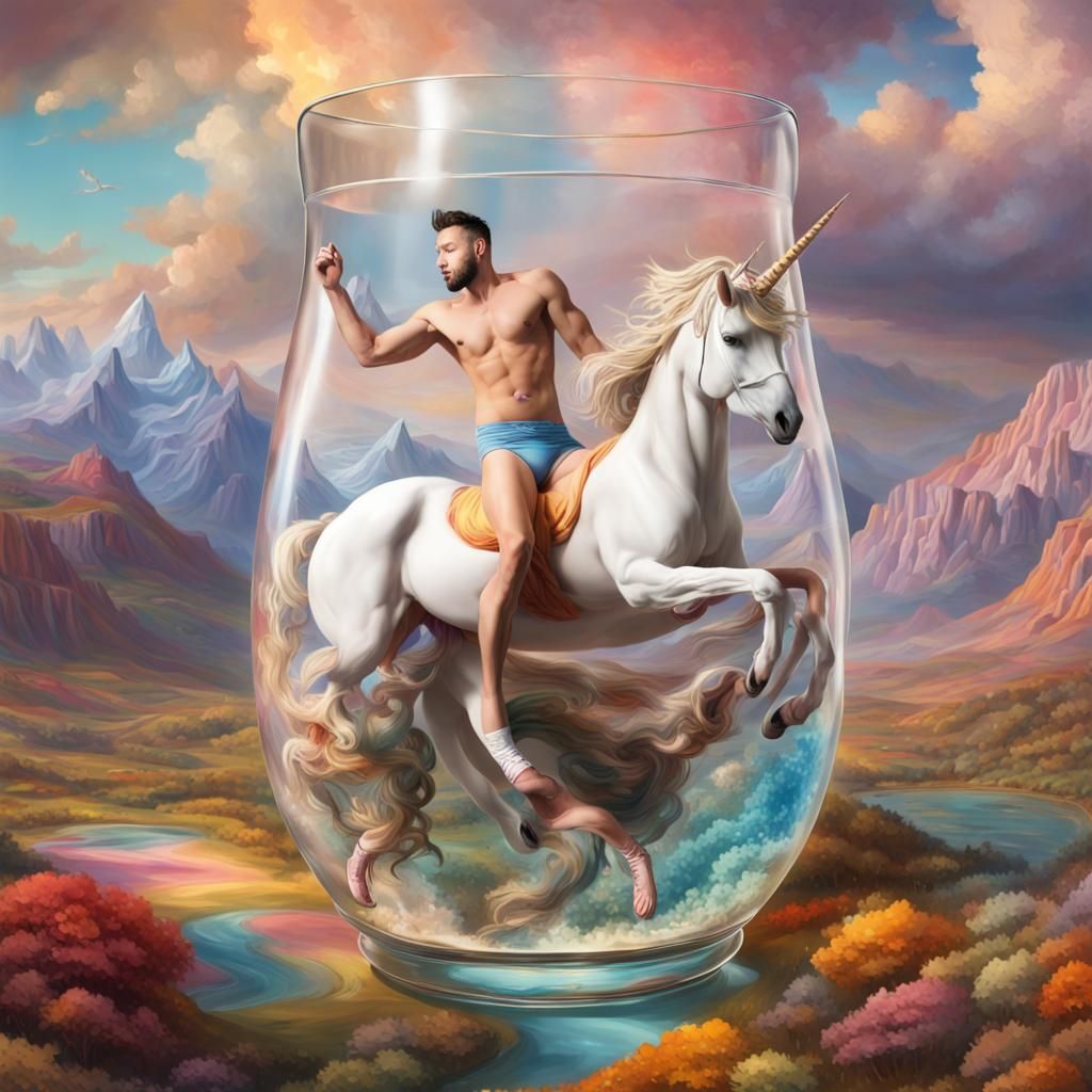 Man Riding Unicorn with Head in Jar