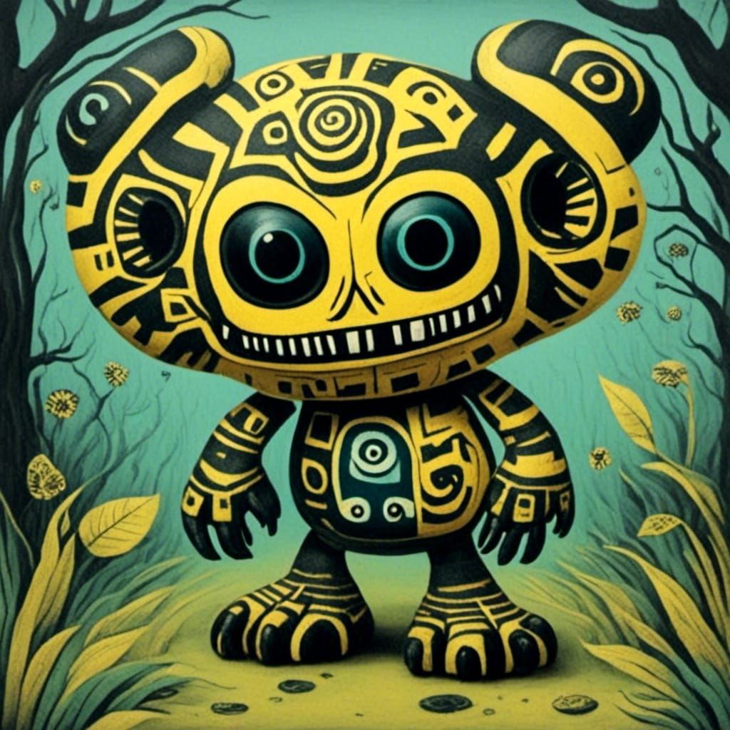 Abstract Dolls in Woodcut Art Brut Style