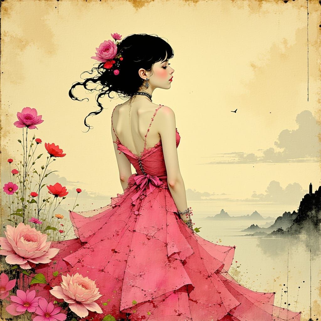 Woman in Pink Dress: An Art Nouveau AI Image