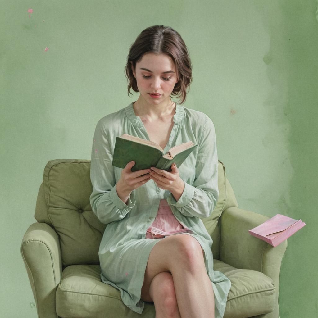 Brunette Reading Book in Watercolor with Pink Reflections
