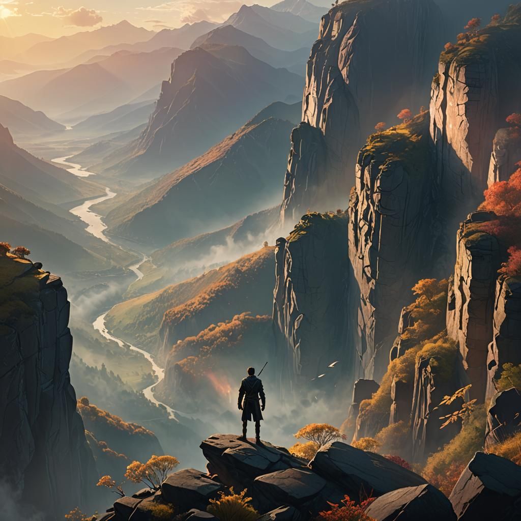 Cliffside Figure Overlooking Mountain Sunrise