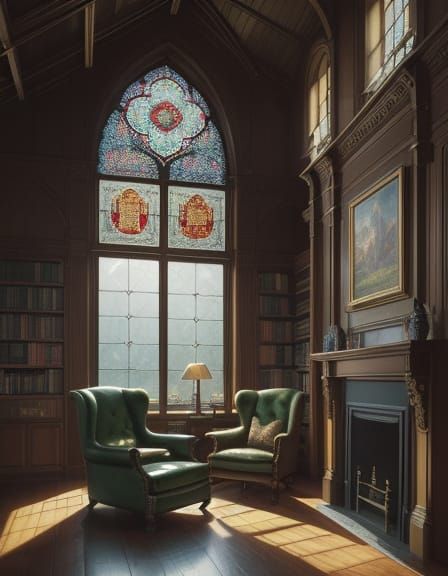 Warm, Inviting Library Interior in Rich Wood Paneling and Go...