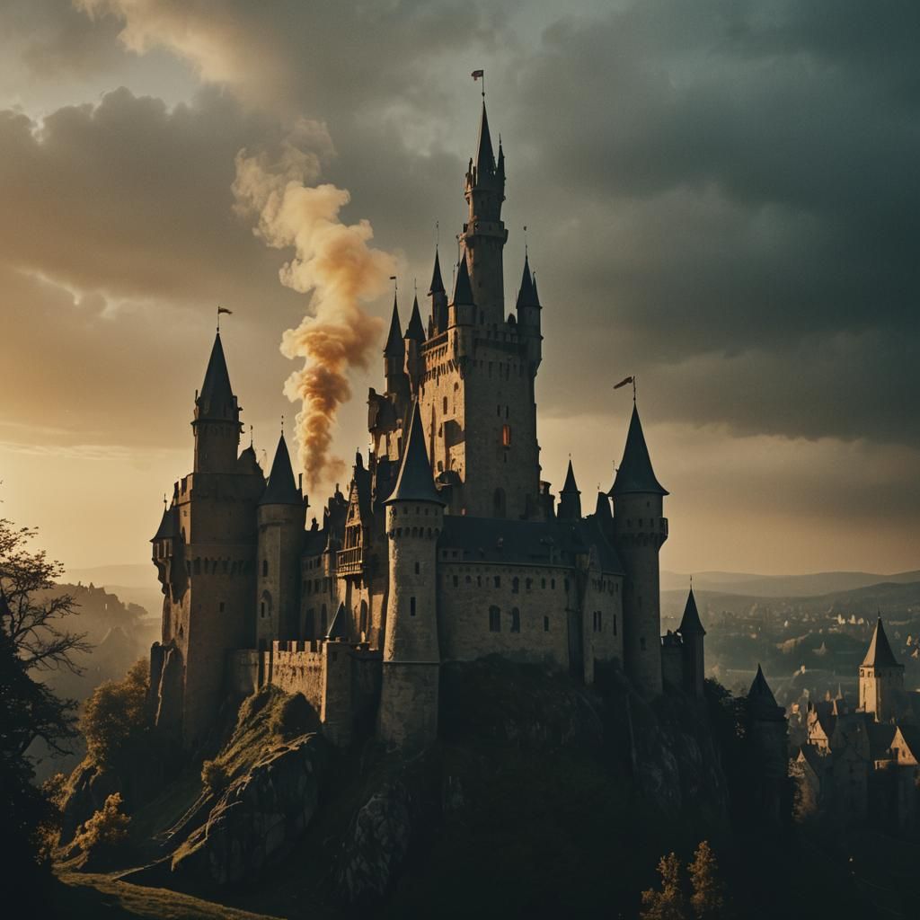 Dark Fantastical Castle at Dusk: Cinematic Film Still