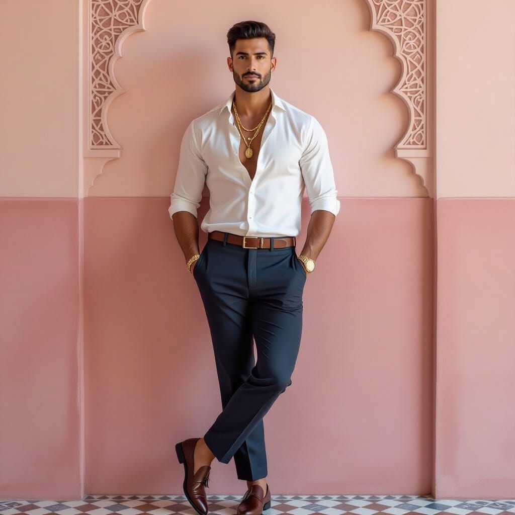 Elegant Man in Pink Tile Setting, Art Nouveau Style