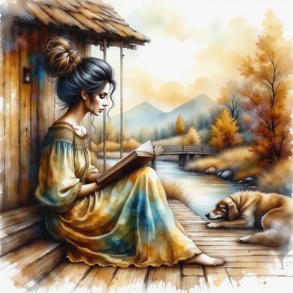 Woman Reading by River in Watercolor Style