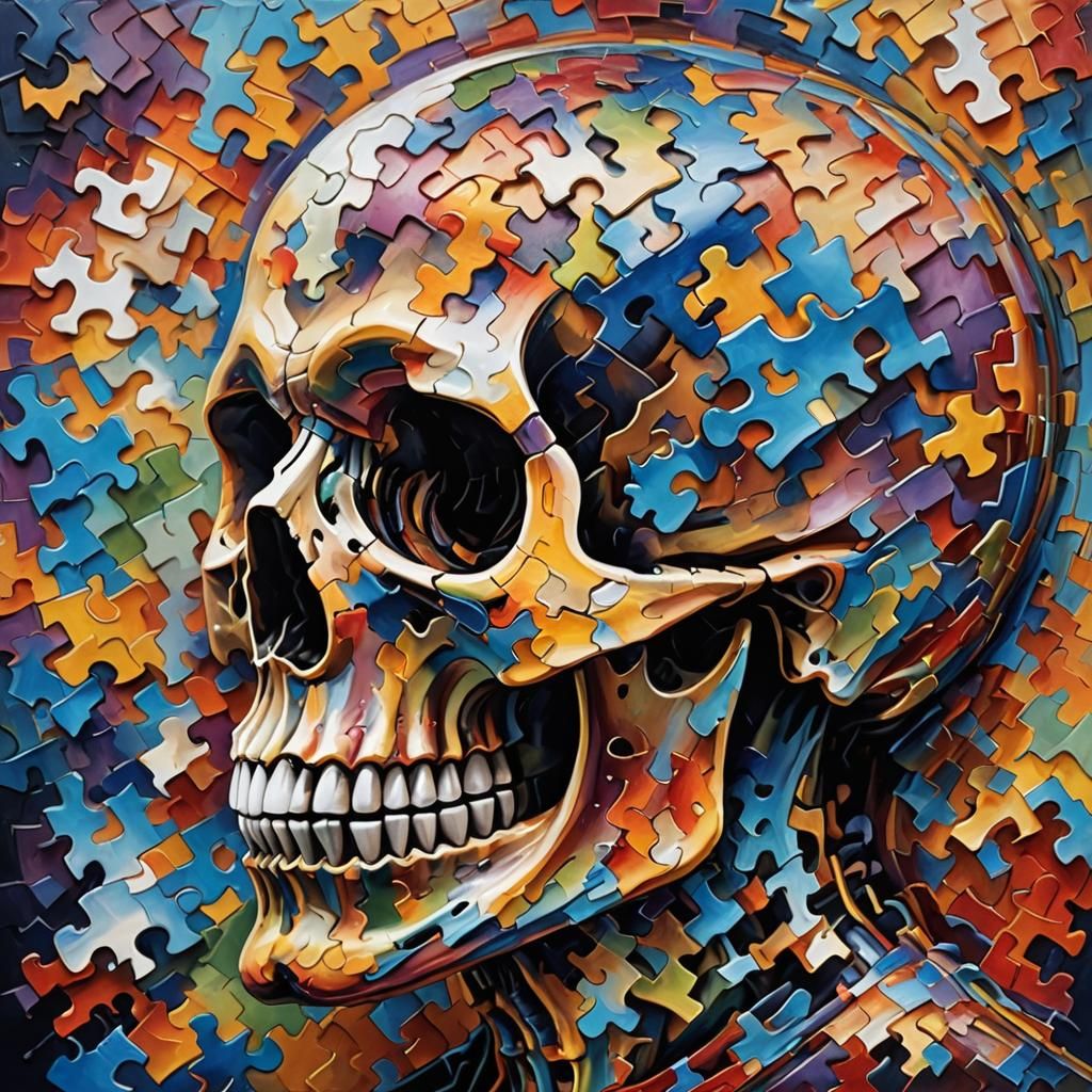 Puzzle Skull: Hyperrealistic Neo-Impressionist Oil Painting