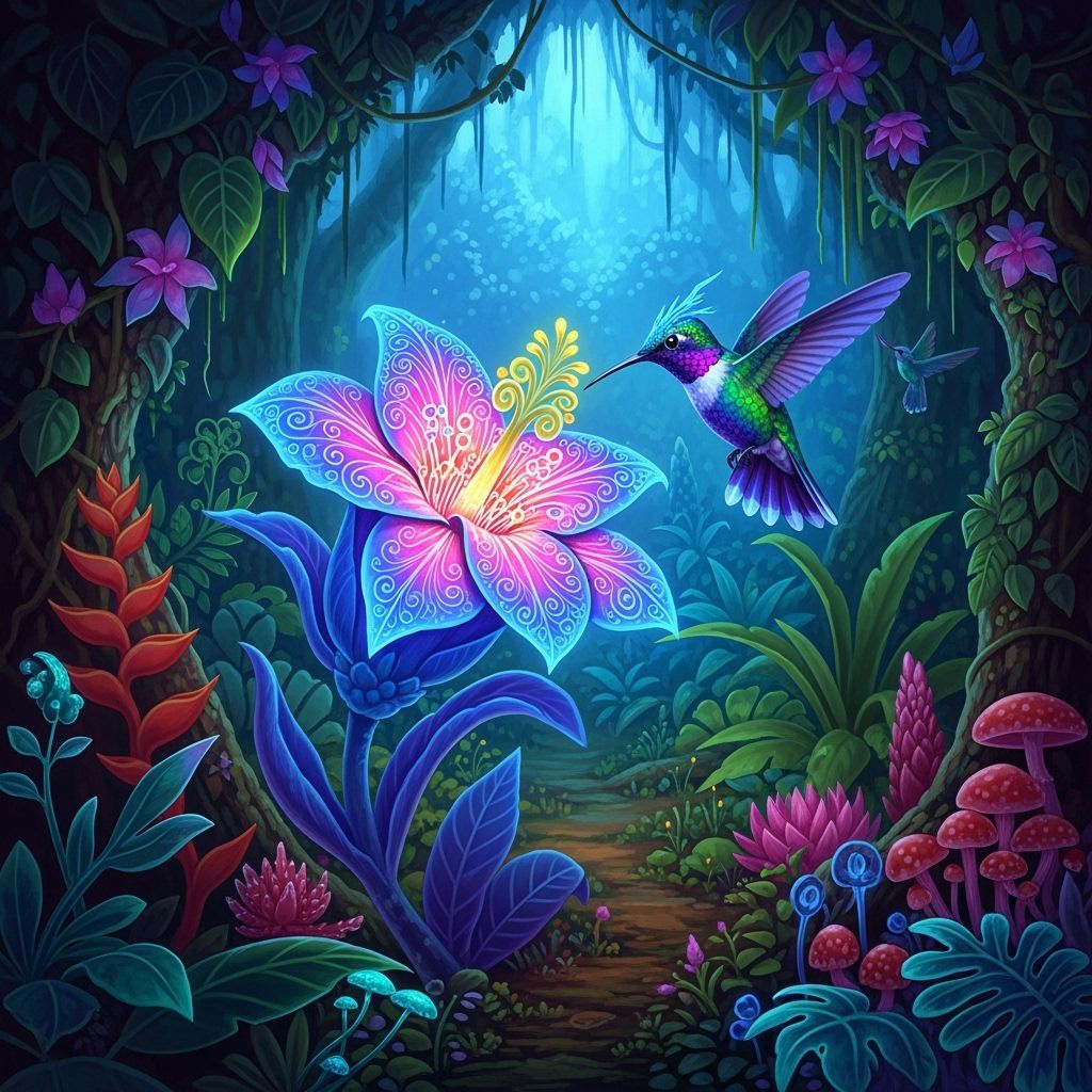 Bioluminescent Hummingbird in Jungle Clearing, Digital Paint...